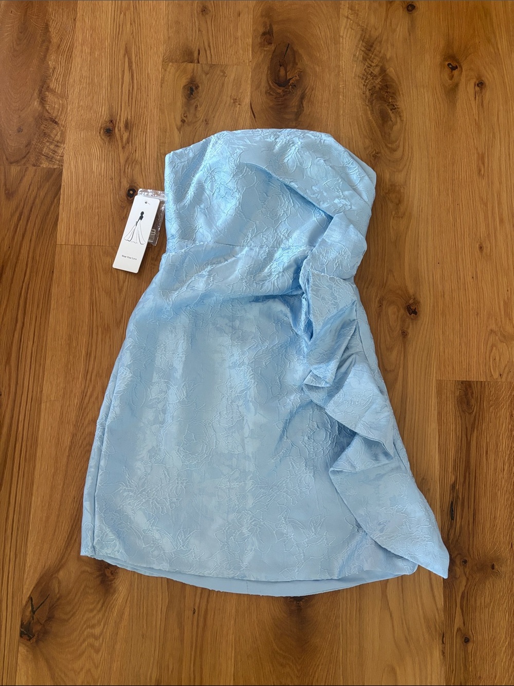 Strapless Light Blue Mini Dress with Floral Jacquard